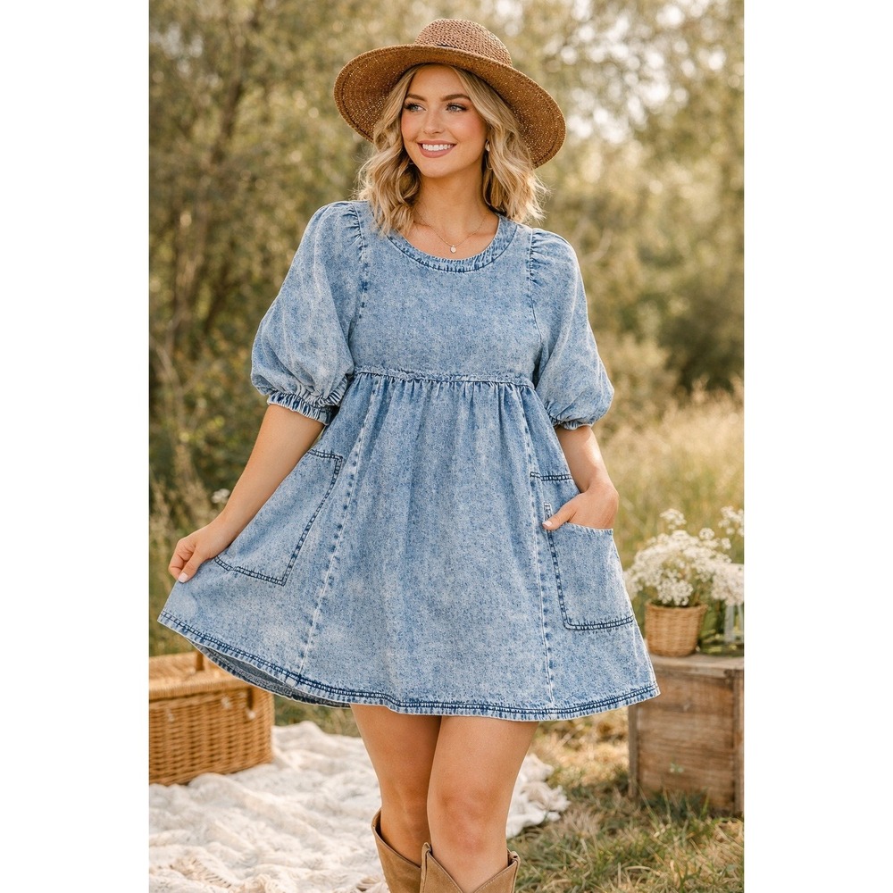 Heyson Womens Acid Wash Denim Babydoll Mini Dress Blue Puff Sleeve Medium